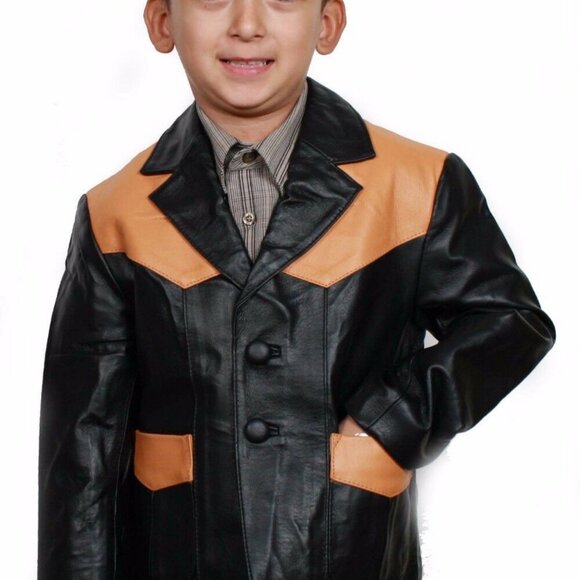 Kids Genuine Leather Western Jacket – Handcrafted Two-Tone Design - Picture 1 of 3